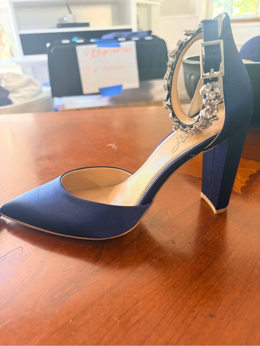 Jewel Badgley Mischka Blue Satin Pointed-Toe Heels with Crystal Ankle Straps - Picture 4 of 10